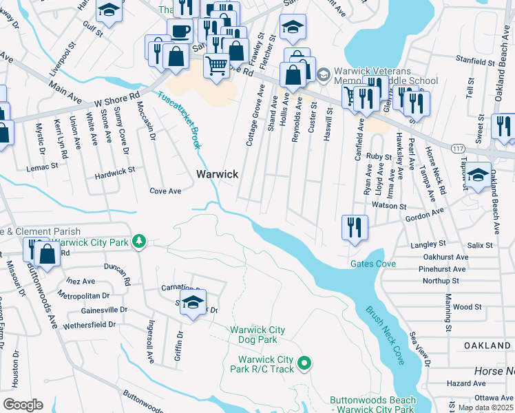 map of restaurants, bars, coffee shops, grocery stores, and more near 203 Shand Avenue in Warwick