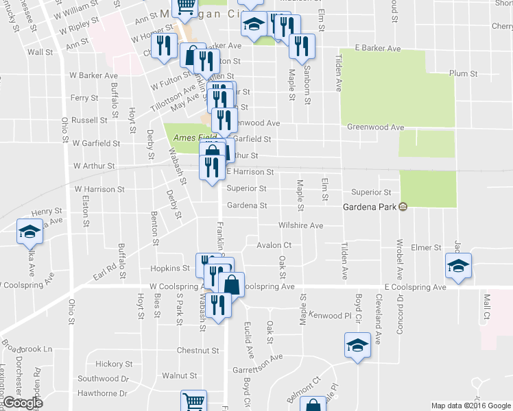 map of restaurants, bars, coffee shops, grocery stores, and more near 199 Gardena St in Michigan City