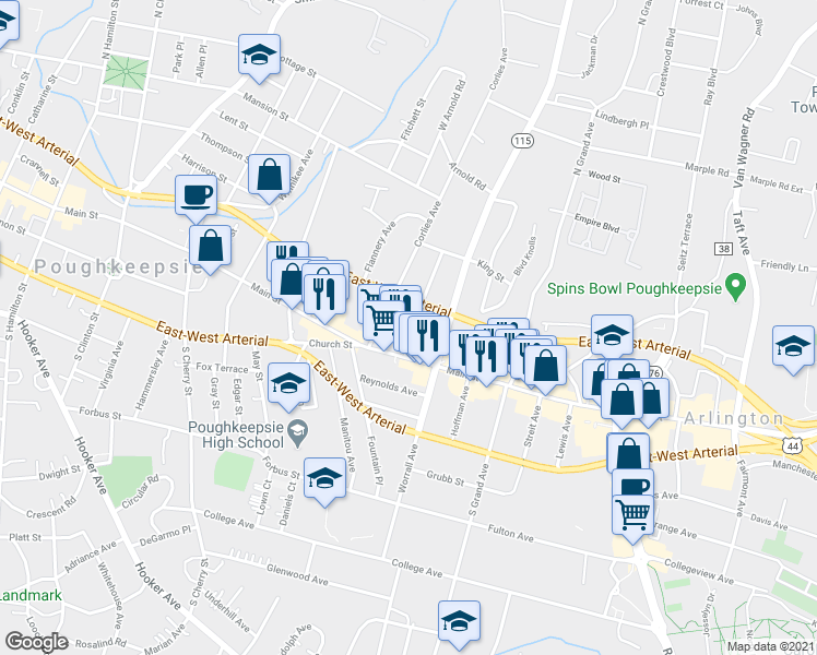 map of restaurants, bars, coffee shops, grocery stores, and more near 10 Roosevelt Avenue in Poughkeepsie
