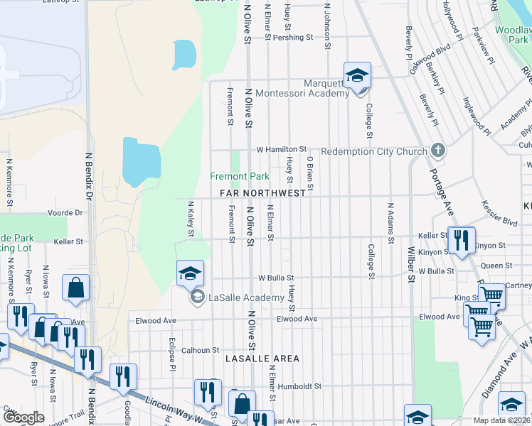 map of restaurants, bars, coffee shops, grocery stores, and more near 1737 North Elmer Street in South Bend