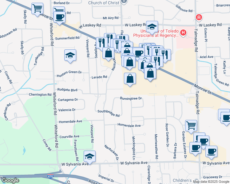 map of restaurants, bars, coffee shops, grocery stores, and more near 4737 Sutton Place in Toledo