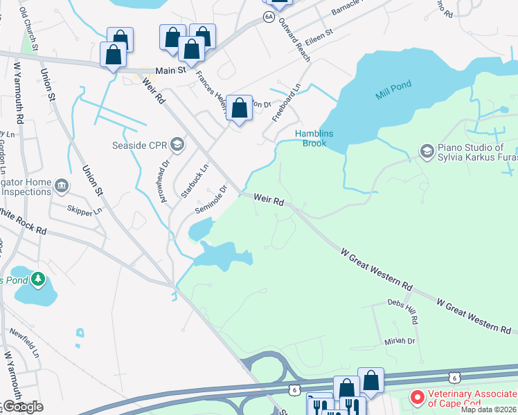 map of restaurants, bars, coffee shops, grocery stores, and more near 10 Lexington Lane in Yarmouth