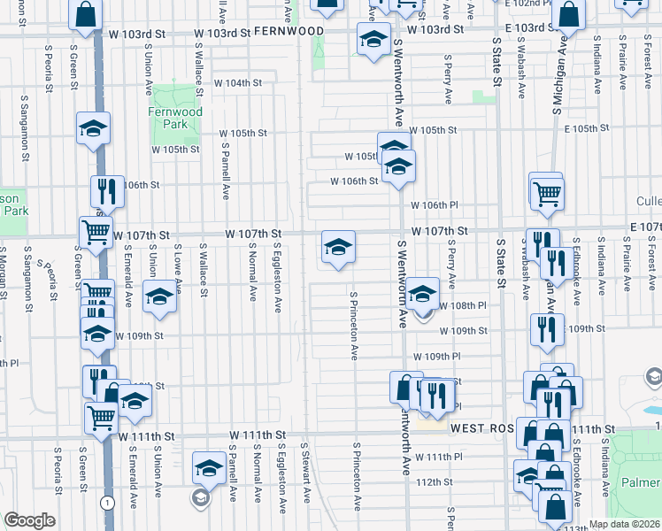 map of restaurants, bars, coffee shops, grocery stores, and more near 329 W 107th Pl in Chicago
