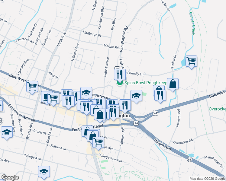 map of restaurants, bars, coffee shops, grocery stores, and more near 40 Arlington Avenue in Poughkeepsie