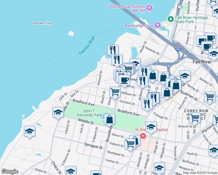 map of restaurants, bars, coffee shops, grocery stores, and more near 170 William Street in Fall River