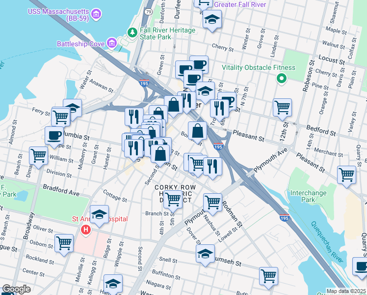 map of restaurants, bars, coffee shops, grocery stores, and more near 252 Third Street in Fall River