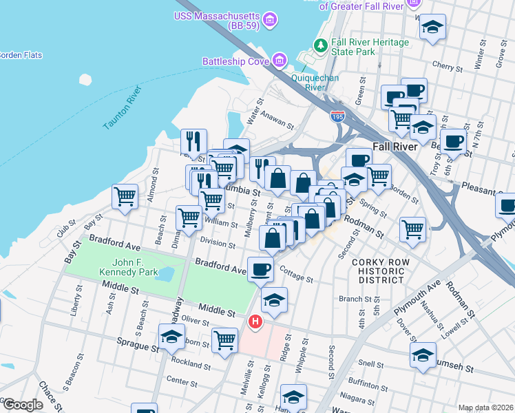 map of restaurants, bars, coffee shops, grocery stores, and more near 257 Hope Street in Fall River