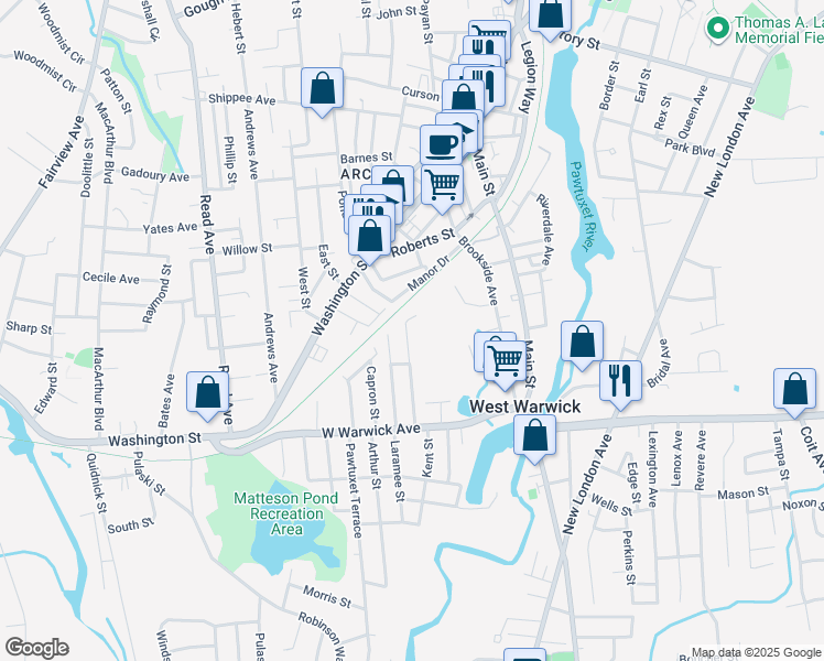 map of restaurants, bars, coffee shops, grocery stores, and more near 71 Winthrop Avenue in West Warwick