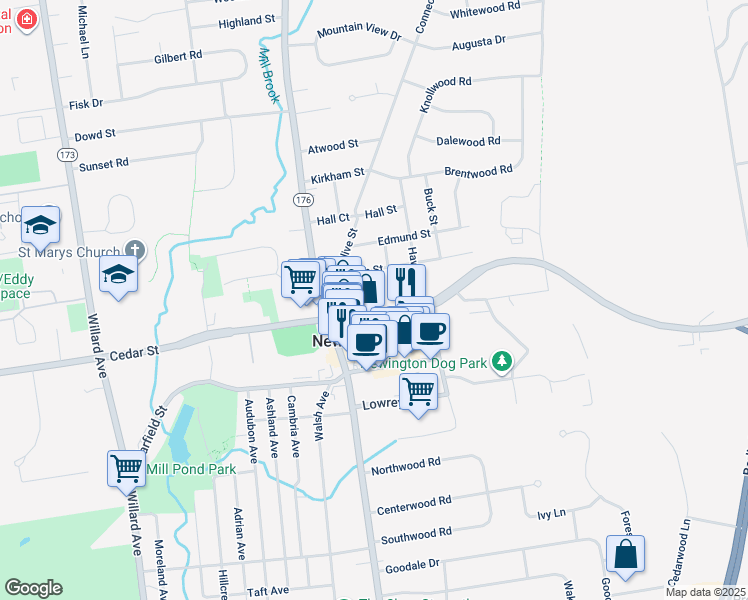 map of restaurants, bars, coffee shops, grocery stores, and more near 44 East Cedar Street in Newington