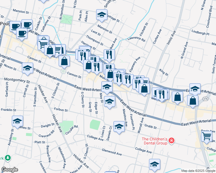 map of restaurants, bars, coffee shops, grocery stores, and more near 379 Church Street in Poughkeepsie