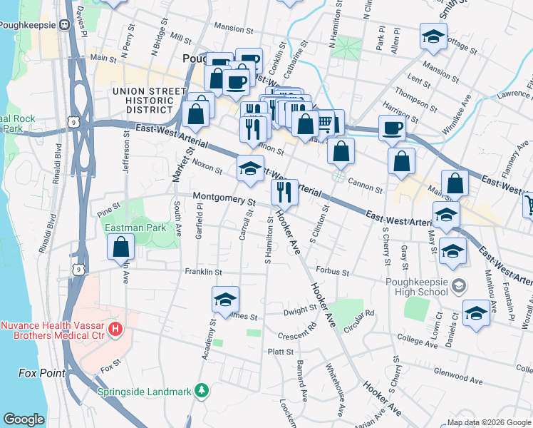 map of restaurants, bars, coffee shops, grocery stores, and more near 5 Carroll Street in Poughkeepsie