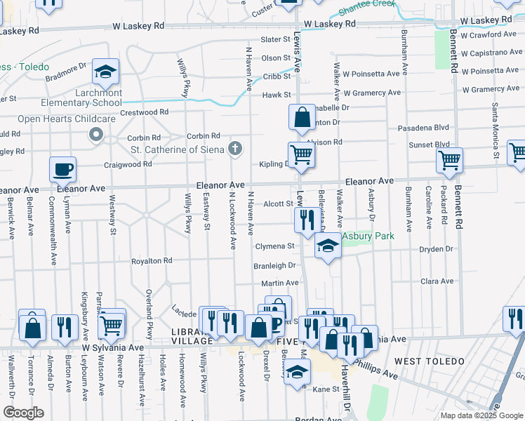 map of restaurants, bars, coffee shops, grocery stores, and more near 1109 Alcott Street in Toledo