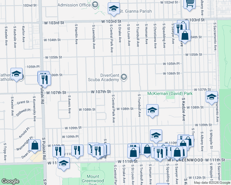 map of restaurants, bars, coffee shops, grocery stores, and more near 10706 Central Park Avenue in Chicago