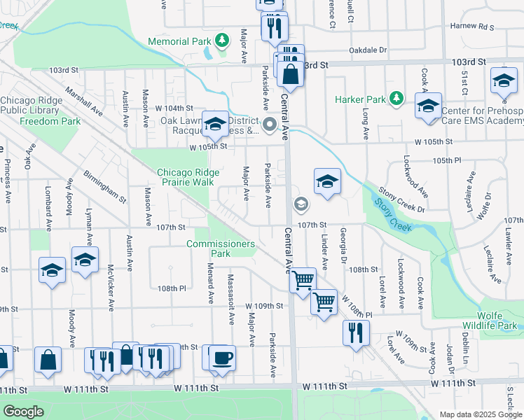 map of restaurants, bars, coffee shops, grocery stores, and more near 10639 Parkside Avenue in Chicago Ridge