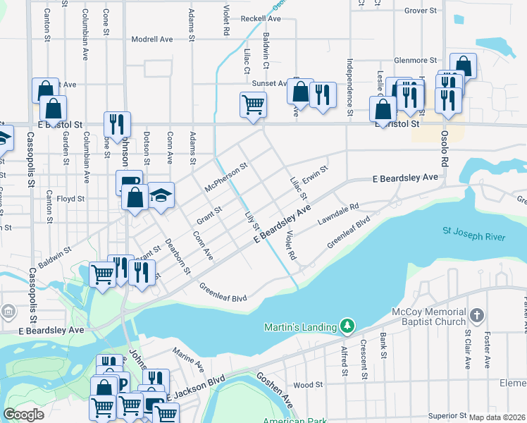 map of restaurants, bars, coffee shops, grocery stores, and more near 1315 Erwin Street in Elkhart