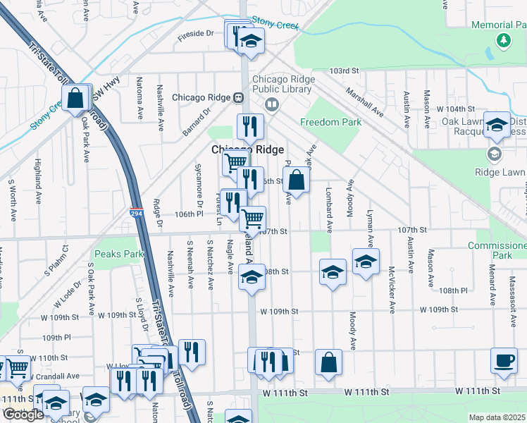 map of restaurants, bars, coffee shops, grocery stores, and more near 10634 Oxford Avenue in Chicago Ridge
