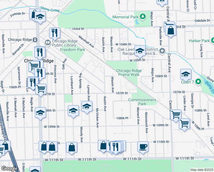 map of restaurants, bars, coffee shops, grocery stores, and more near 10625 Austin Avenue in Chicago Ridge