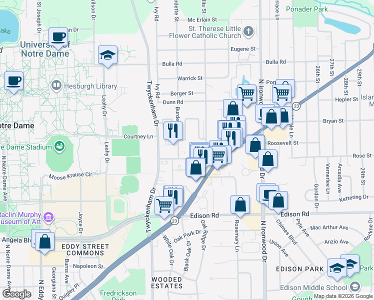 map of restaurants, bars, coffee shops, grocery stores, and more near 1855 Vaness Street in South Bend