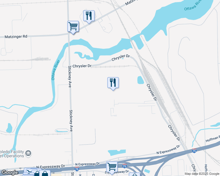 map of restaurants, bars, coffee shops, grocery stores, and more near 4400 Chrysler Drive in Toledo