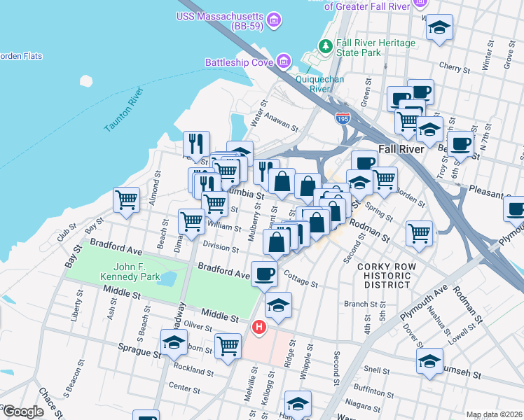map of restaurants, bars, coffee shops, grocery stores, and more near 257 Hope Street in Fall River