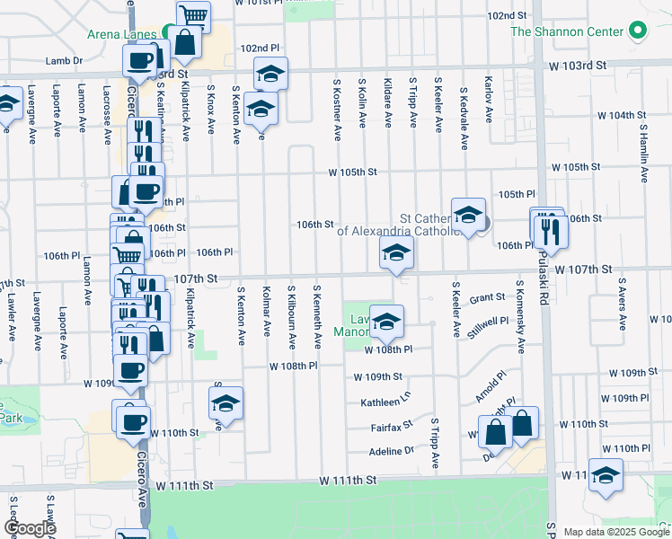 map of restaurants, bars, coffee shops, grocery stores, and more near 10640 South Kostner Avenue in Oak Lawn