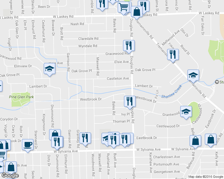 map of restaurants, bars, coffee shops, grocery stores, and more near 2611 Lambert Drive in Toledo