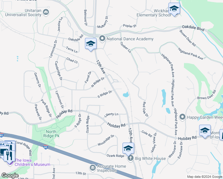map of restaurants, bars, coffee shops, grocery stores, and more near 1800 12th Avenue in Coralville