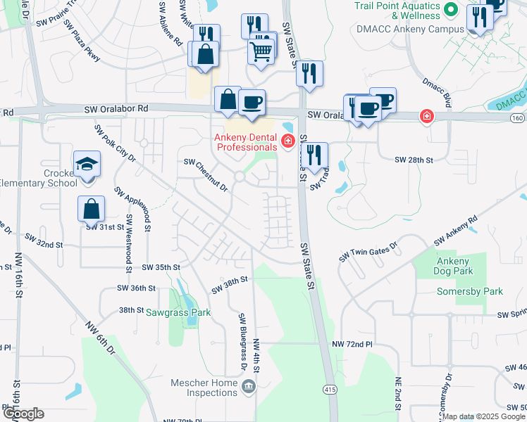 map of restaurants, bars, coffee shops, grocery stores, and more near 3050 Southwest Sharmin Lane in Ankeny
