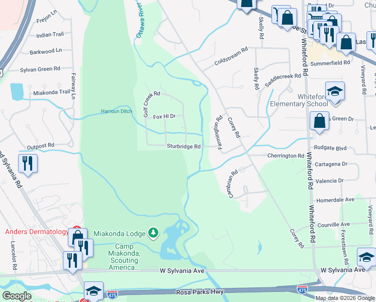 map of restaurants, bars, coffee shops, grocery stores, and more near 5501 Sturbridge Rd in Toledo