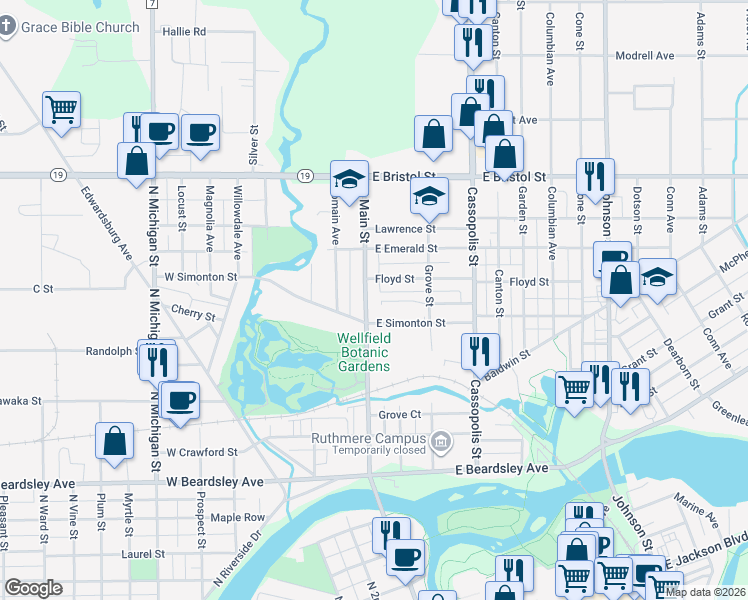 map of restaurants, bars, coffee shops, grocery stores, and more near 1224 N Main St in Elkhart