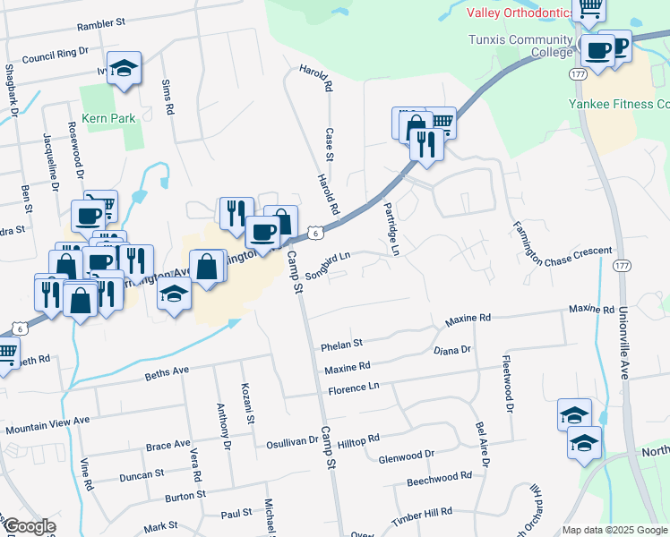 map of restaurants, bars, coffee shops, grocery stores, and more near 67 Songbird Lane in Farmington