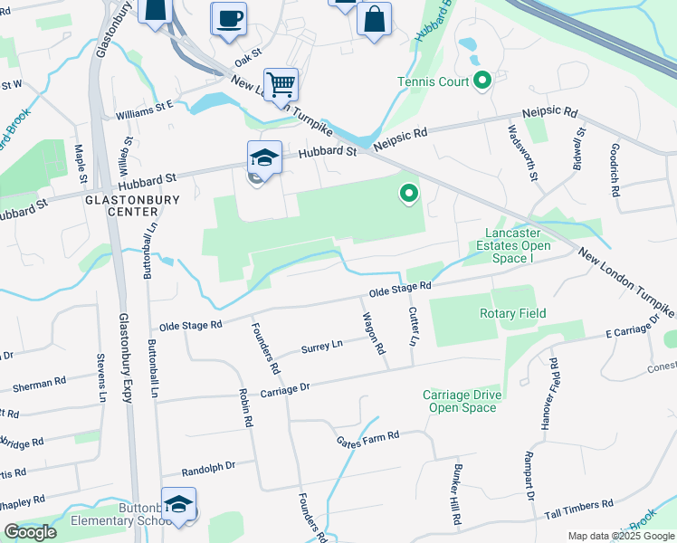 map of restaurants, bars, coffee shops, grocery stores, and more near 128 Hampshire Drive in Glastonbury