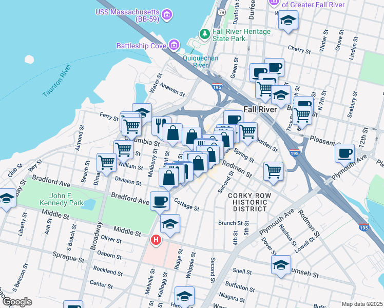 map of restaurants, bars, coffee shops, grocery stores, and more near 30 Hunter Street in Fall River