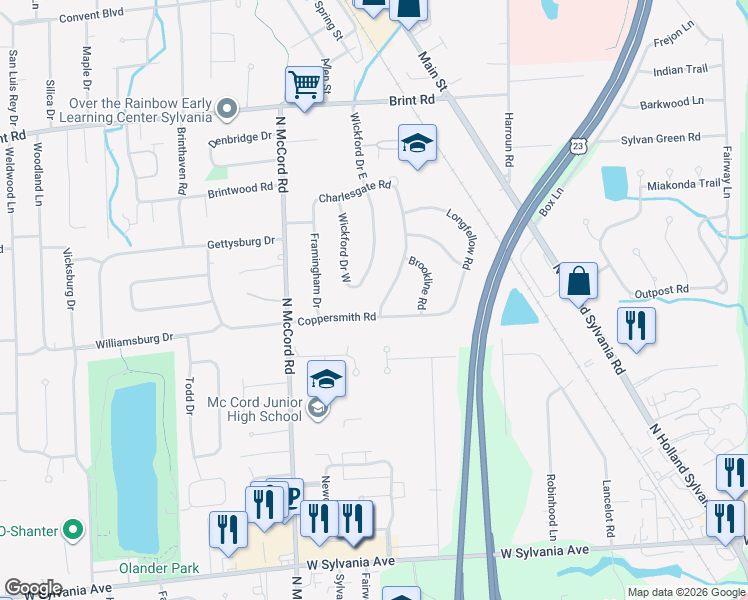 map of restaurants, bars, coffee shops, grocery stores, and more near 4535 Charlesgate Rd in Sylvania