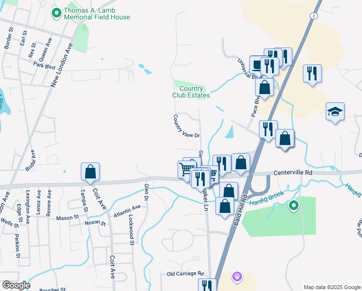 map of restaurants, bars, coffee shops, grocery stores, and more near 45 Fishs Lane in Warwick