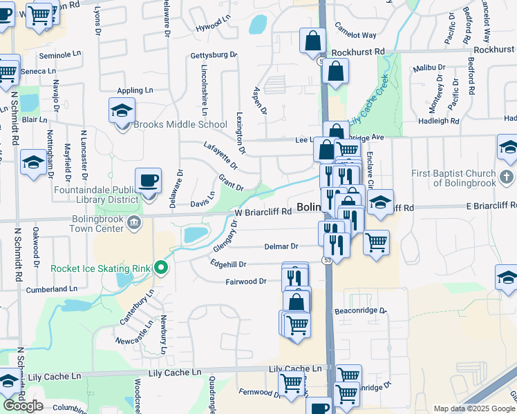 map of restaurants, bars, coffee shops, grocery stores, and more near 100 Arcadia Court in Bolingbrook