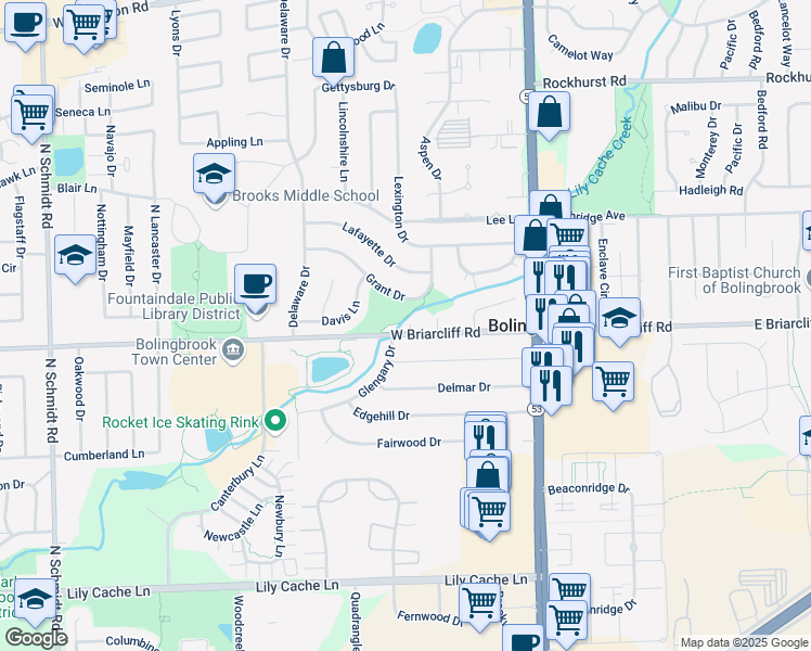 map of restaurants, bars, coffee shops, grocery stores, and more near in Bolingbrook