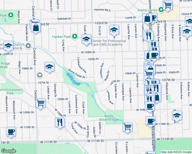 map of restaurants, bars, coffee shops, grocery stores, and more near 10649 Laramie Avenue in Oak Lawn