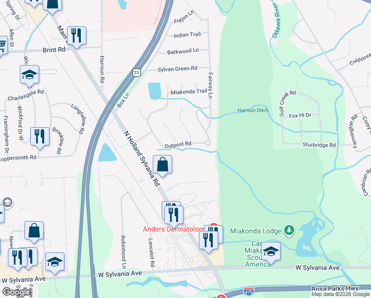 map of restaurants, bars, coffee shops, grocery stores, and more near 5959 Outpost Road in Sylvania