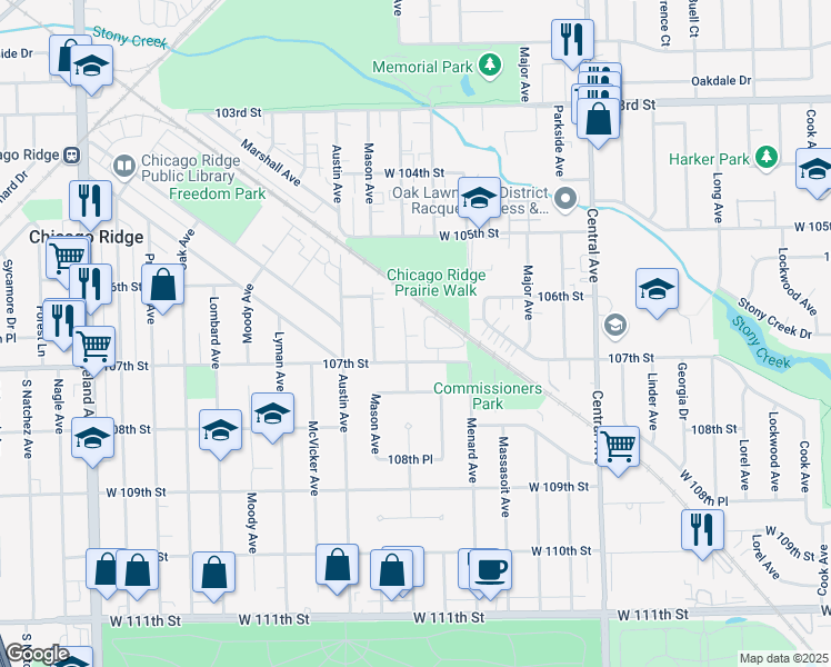 map of restaurants, bars, coffee shops, grocery stores, and more near 10631 Mayfield Avenue in Chicago Ridge