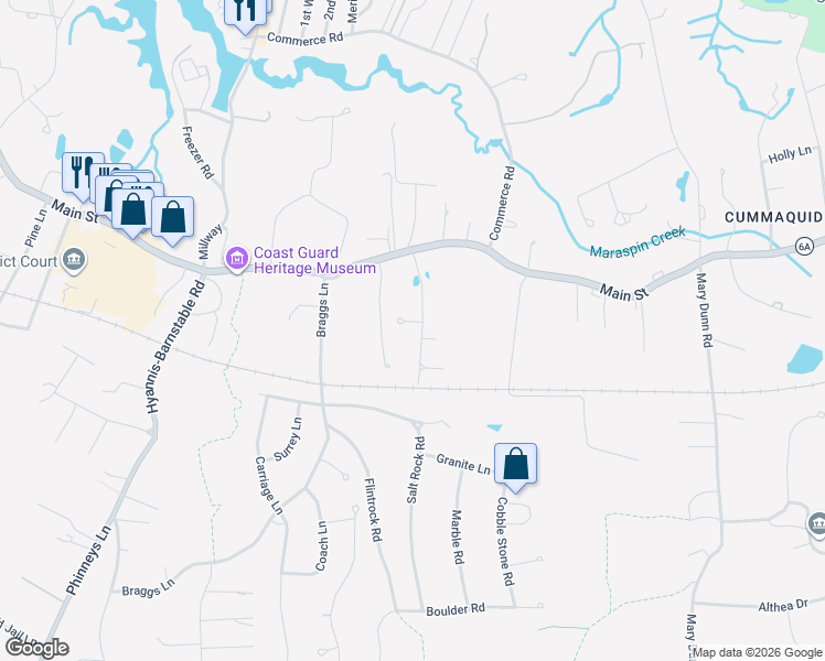 map of restaurants, bars, coffee shops, grocery stores, and more near 84 Stonehedge Road in Barnstable