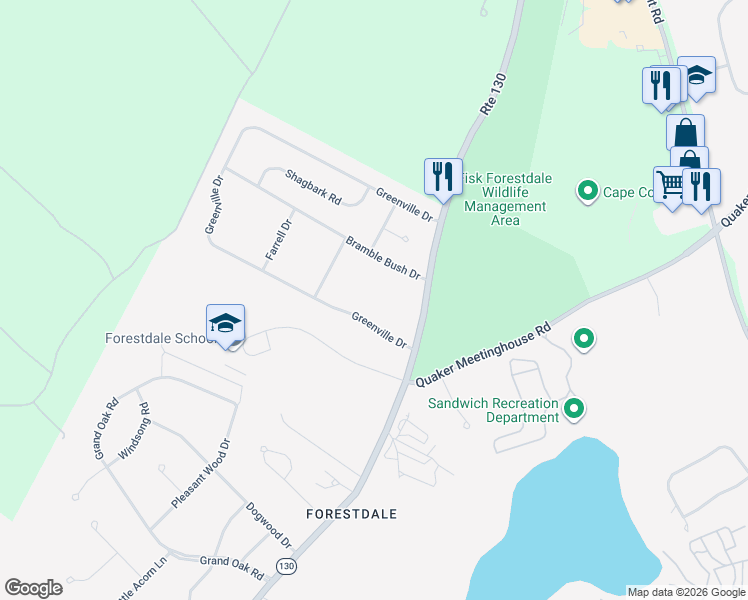 map of restaurants, bars, coffee shops, grocery stores, and more near 81 Greenville Drive in Sandwich