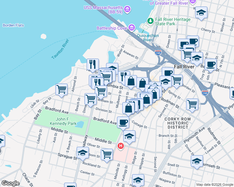 map of restaurants, bars, coffee shops, grocery stores, and more near 257 Hope Street in Fall River