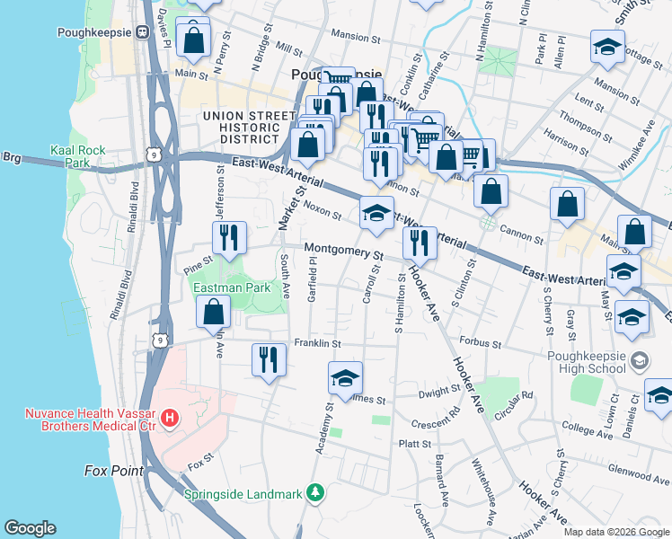 map of restaurants, bars, coffee shops, grocery stores, and more near 13 Garfield Place in Poughkeepsie