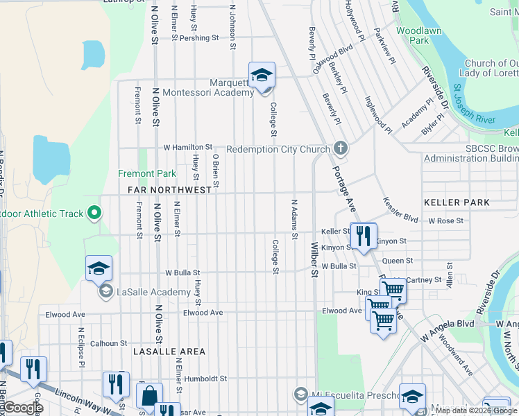 map of restaurants, bars, coffee shops, grocery stores, and more near 1701-1745 College Street in South Bend