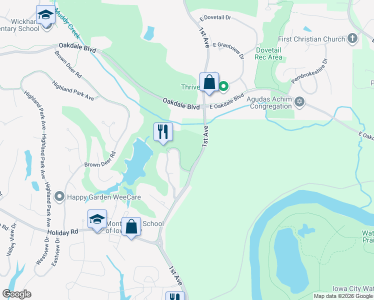 map of restaurants, bars, coffee shops, grocery stores, and more near 1865 Country Club Drive in Coralville