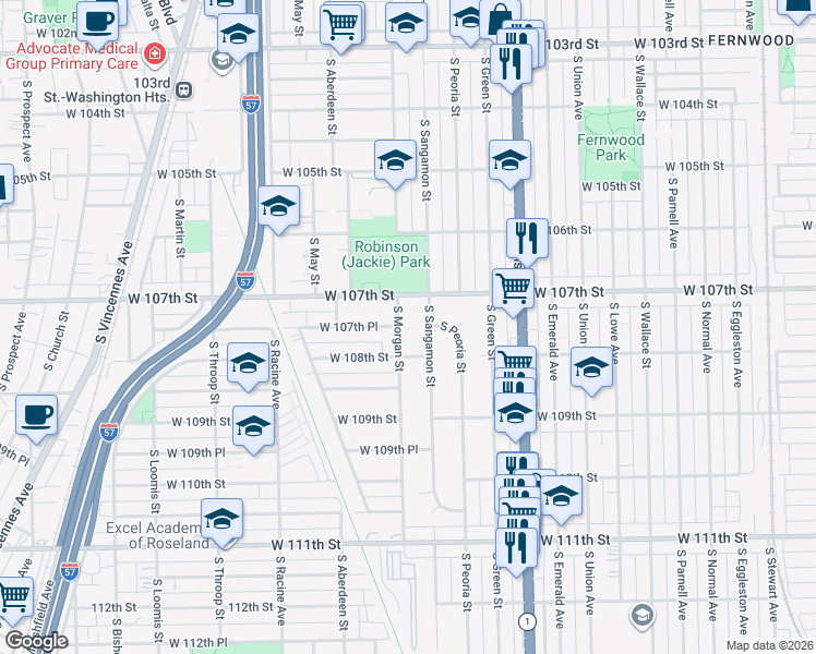 map of restaurants, bars, coffee shops, grocery stores, and more near 10736 South Sangamon Street in Chicago