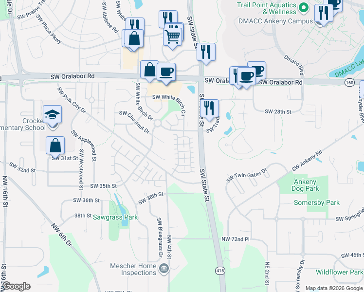map of restaurants, bars, coffee shops, grocery stores, and more near 3046 Southwest Arlan Lane in Ankeny