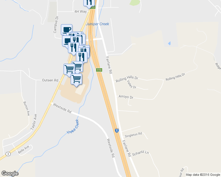 map of restaurants, bars, coffee shops, grocery stores, and more near 2201 Fairlane Road in Yreka