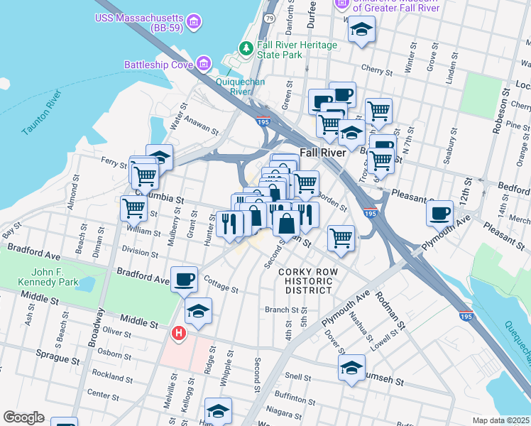 map of restaurants, bars, coffee shops, grocery stores, and more near 303 South Main Street in Fall River